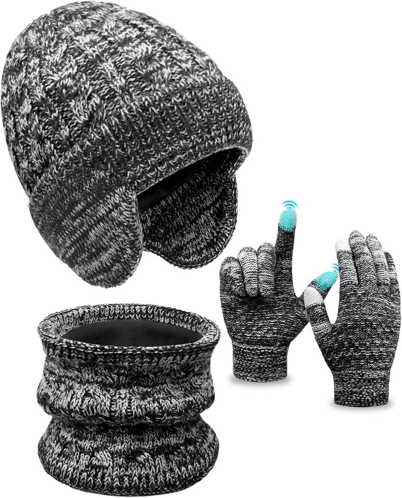 EAONE Kids Winter Hat Gloves Scarf Set,Toddler Girls Boys Beanie Hat with Earflaps,Knit Mittens & Neck Gaiter Warmer for Kids 4-12 - Image 1